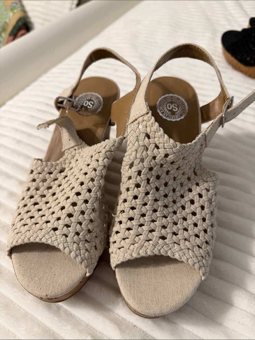 SoftWalk Beige Woven Peep-Toe Slingback Wedges